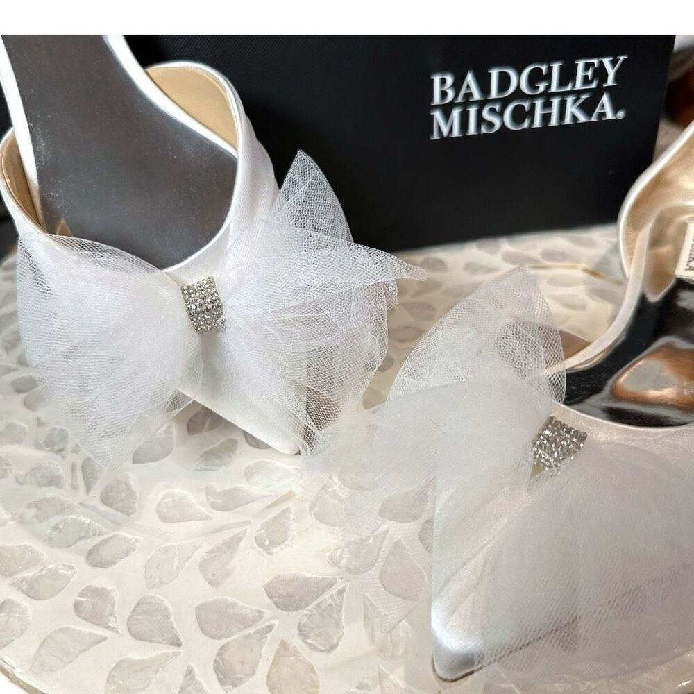 Badgley Mischka Fergie Bridal Ballet Flats Ivory Tulle Bow Pointed Toe D’Orsay S - Picture 6 of 13